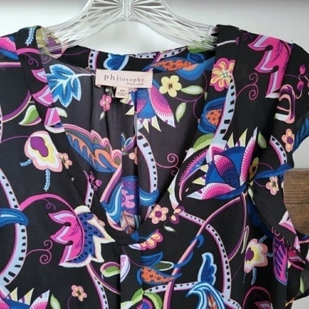 Philosophy Black Floral Print V-Neck Blouse Sz XS - Picture 10 of 10